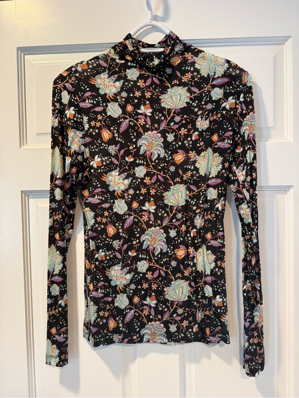 Ulla Johnson Black Floral Mock Neck Long Sleeve Tee with Pastel Blooms